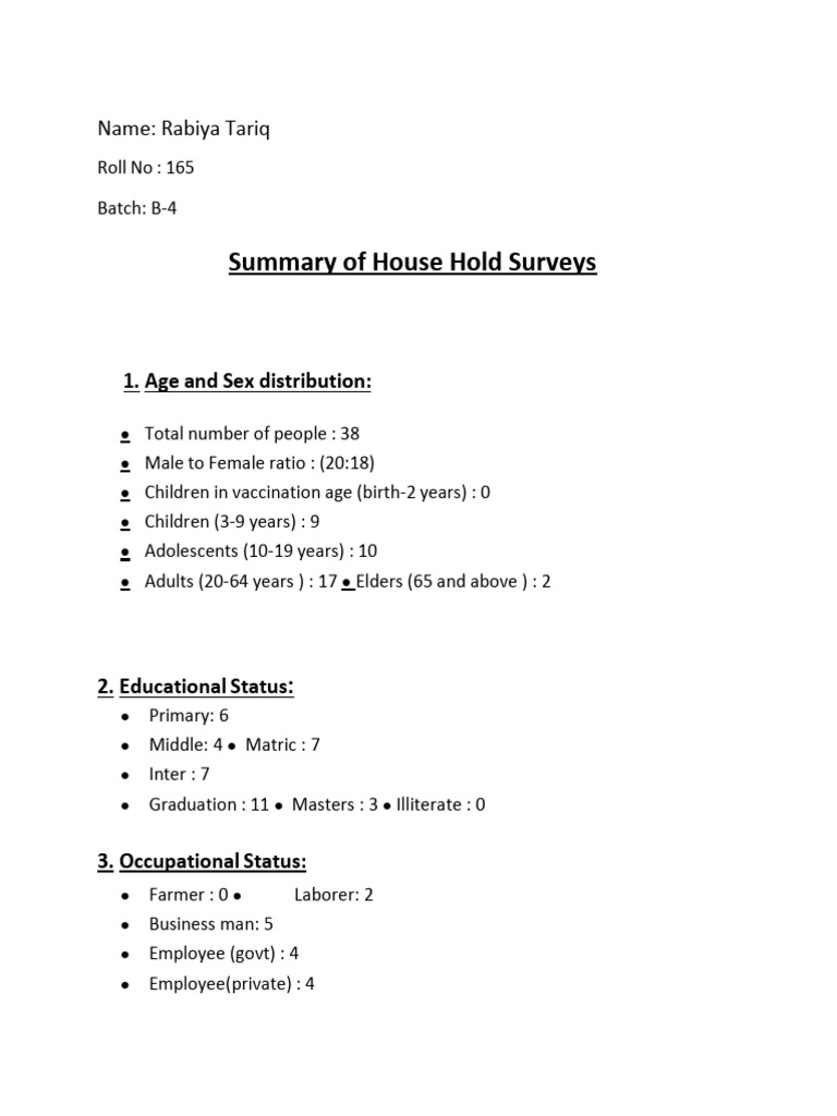 Household Survey Summary Analysis | PDF