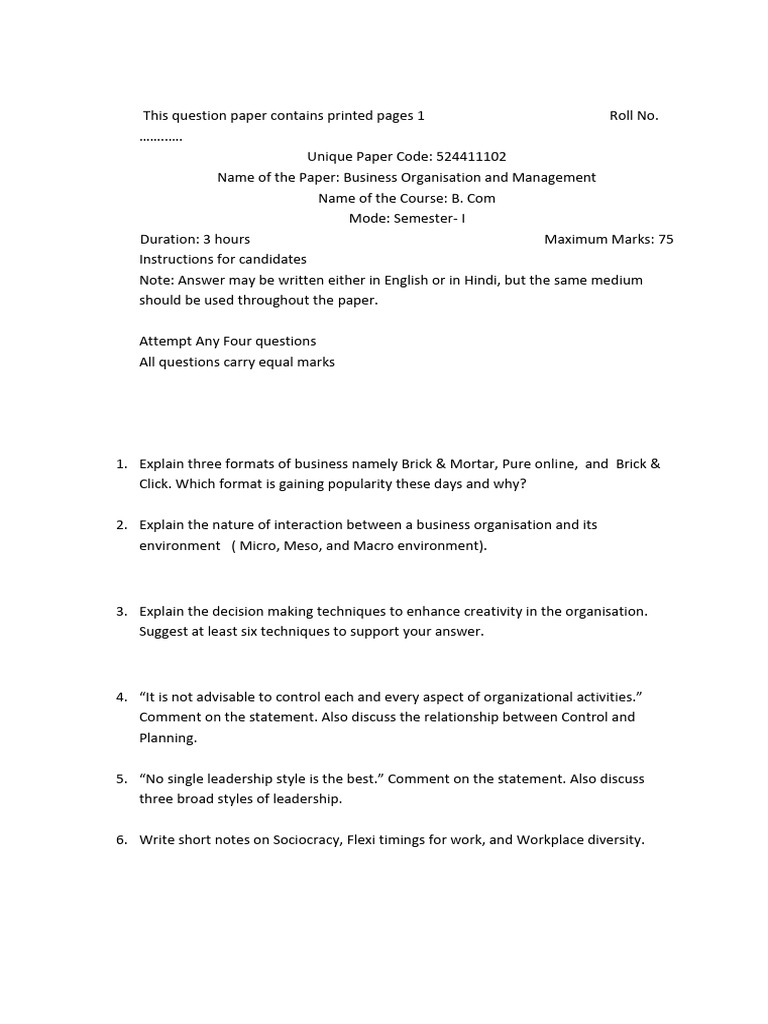 B.Com Semester I Exam Question Papers | PDF | Expense | Financial ...