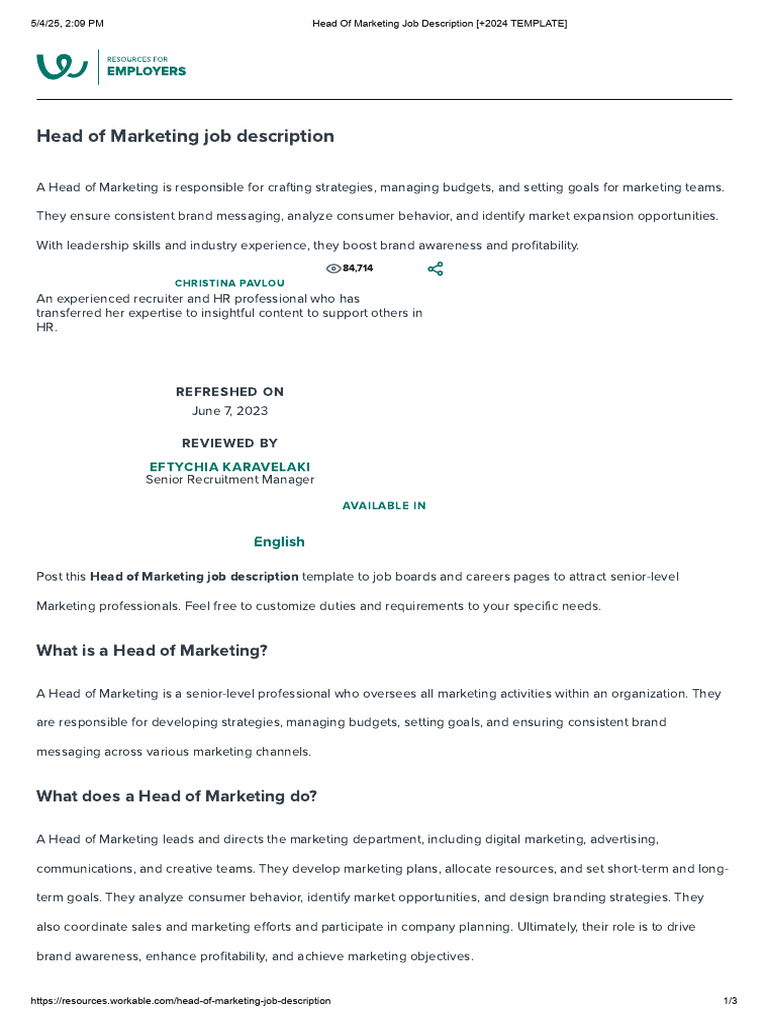 Head of Marketing Job Description (+2024 TEMPLATE) | PDF | Marketing ...