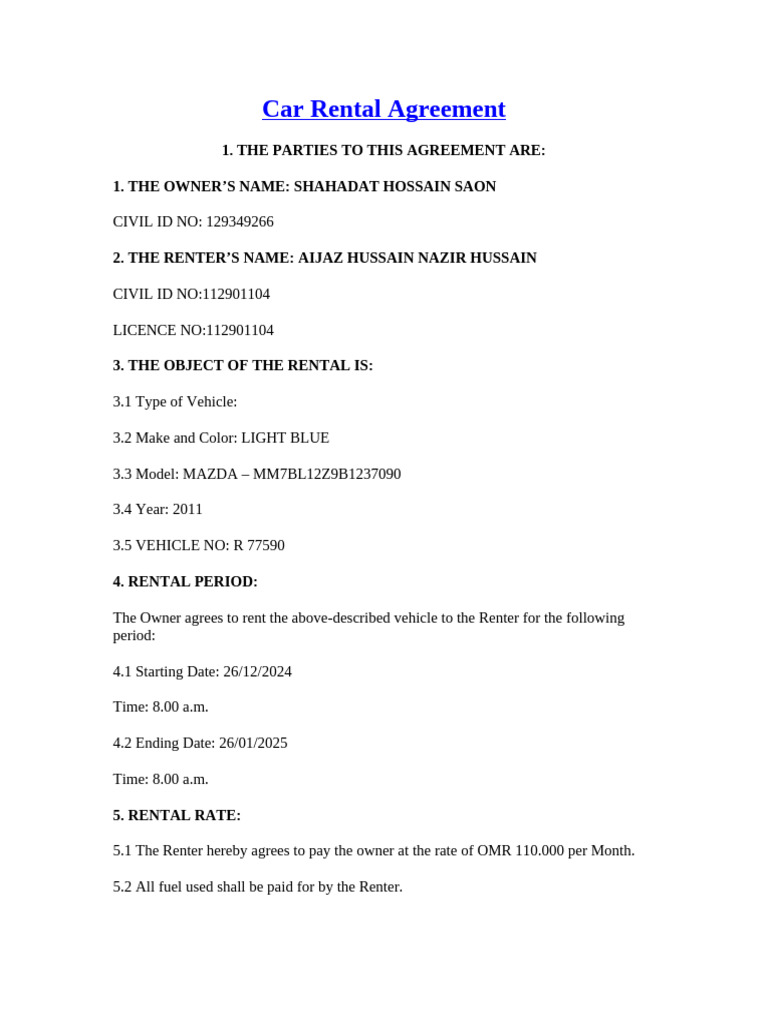 Car Rental Agreement Template | PDF