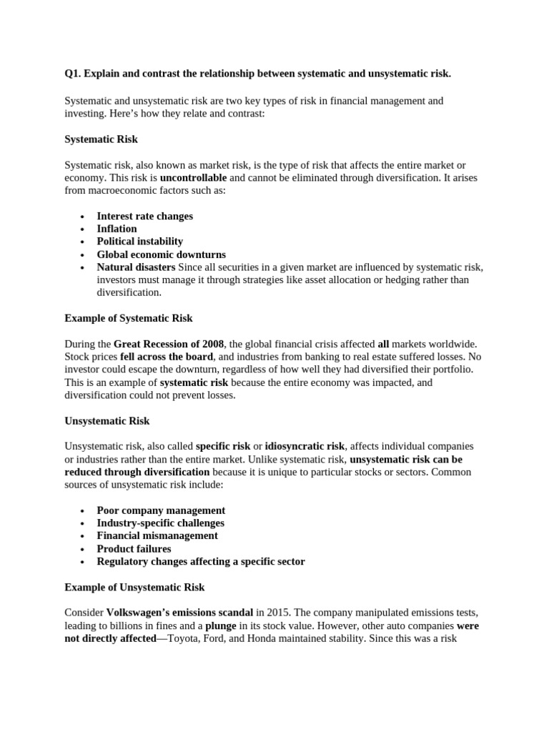 Systematic vs. Unsystematic Risk Explained | PDF | Financial Risk ...