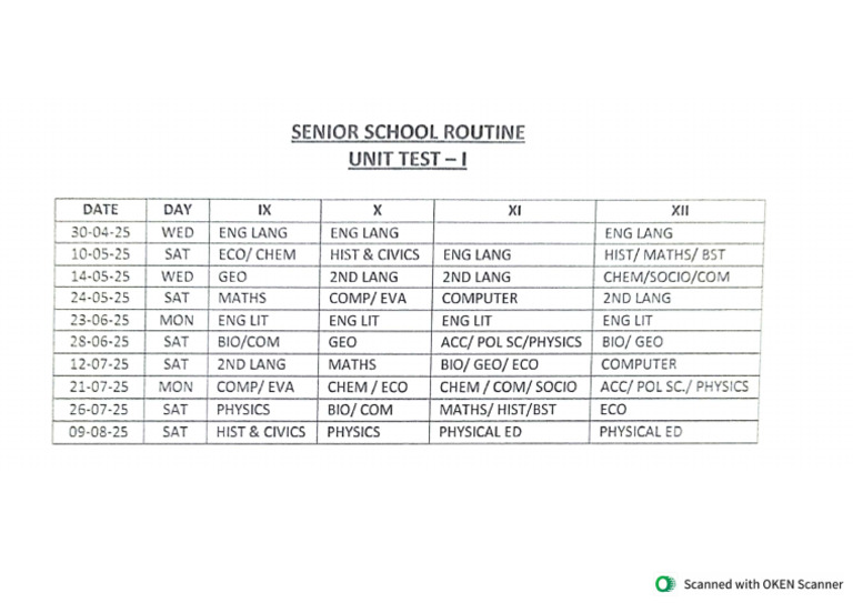 Senior School Unit Test - I Routine 2025-26 | PDF