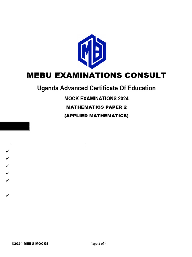 2024 A-Level Mathematics Paper 2 Mock | PDF | Mathematics | Mechanics