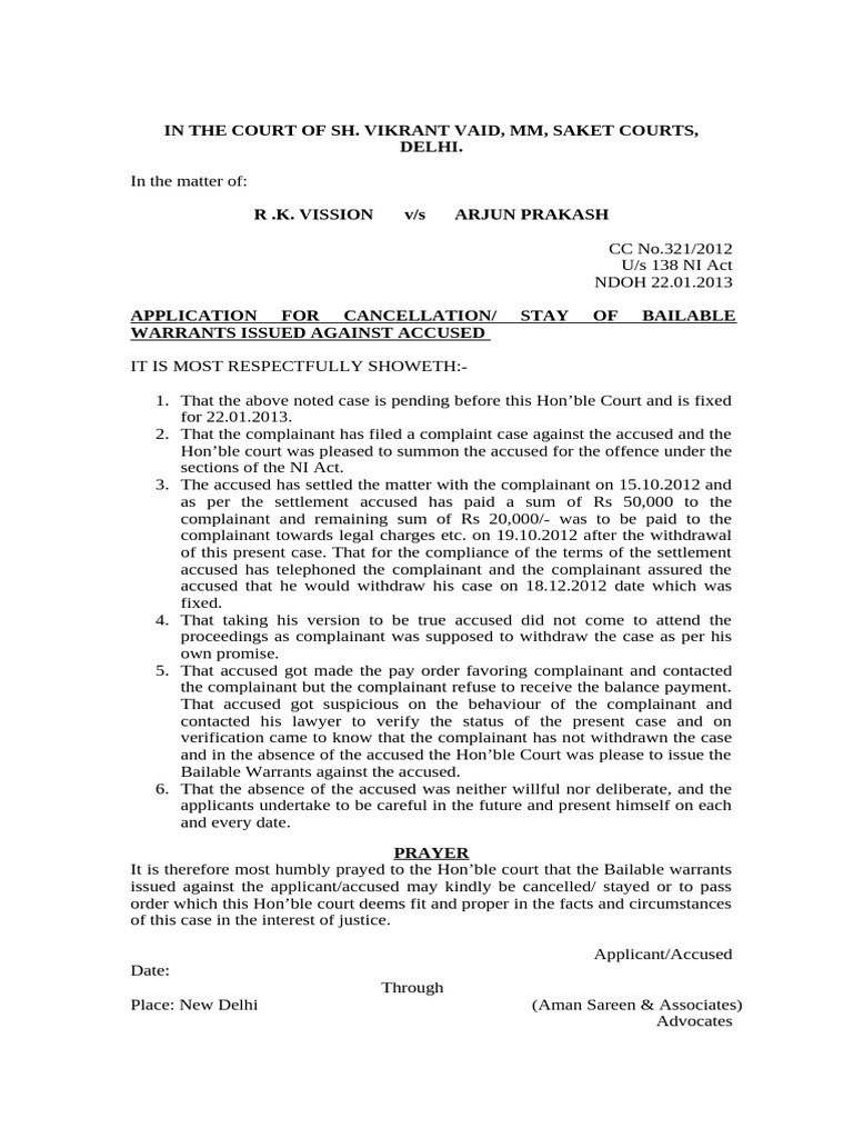 Application to Cancel Bailable Warrants | PDF | Bail | Criminal Law