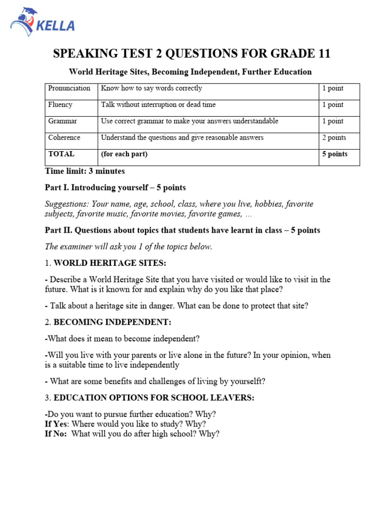 Grade 11 Speaking Test Questions | PDF