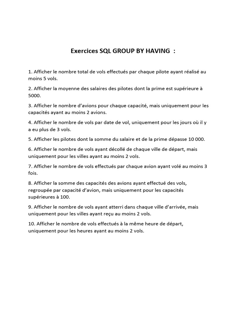 Exercices SQL : GROUP BY et HAVING | PDF