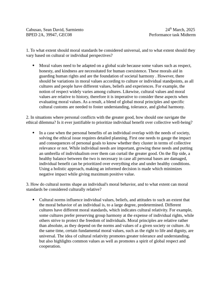 Cabusao, Sean David Performance Task, Midterm 03-24-25 | PDF | Morality ...