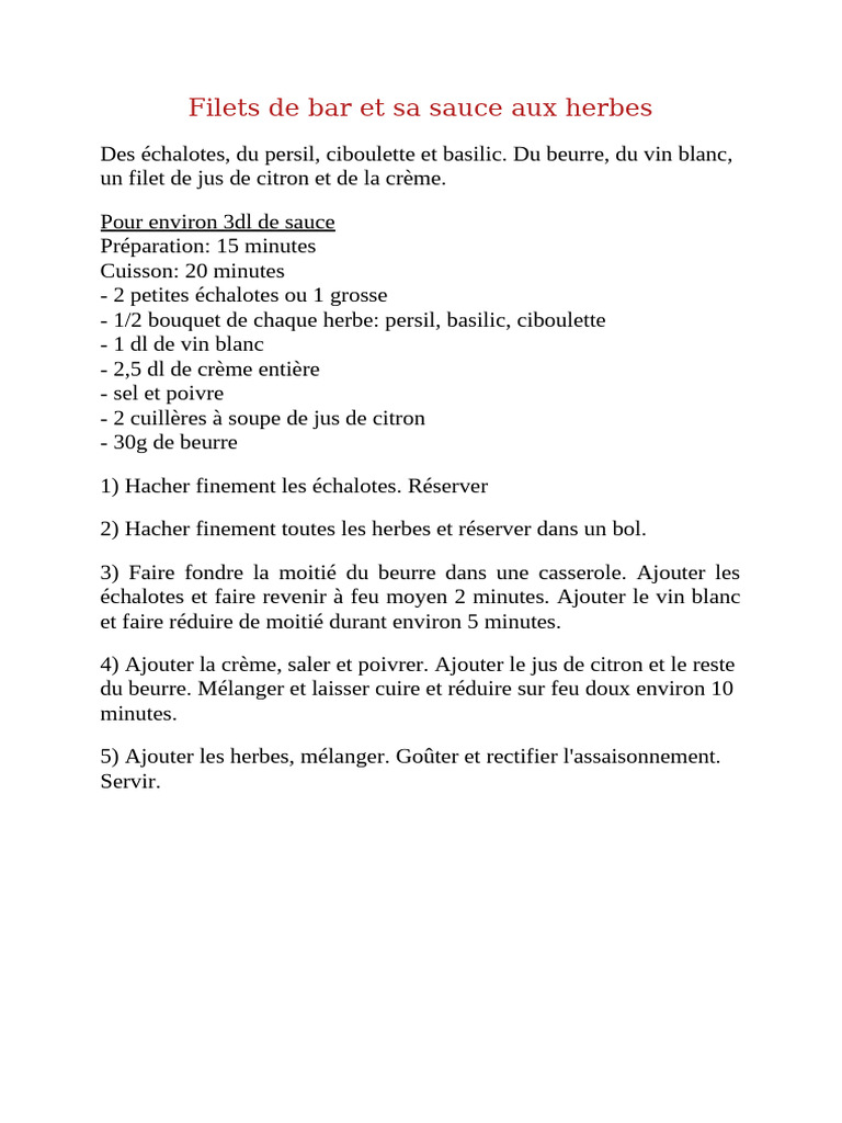 Recette de Filet de Bar en Sauce | PDF