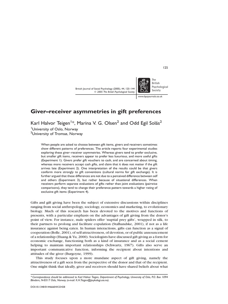 Giver-Receiver Asymmetries in Gift Preferences | PDF | Gift | Choice