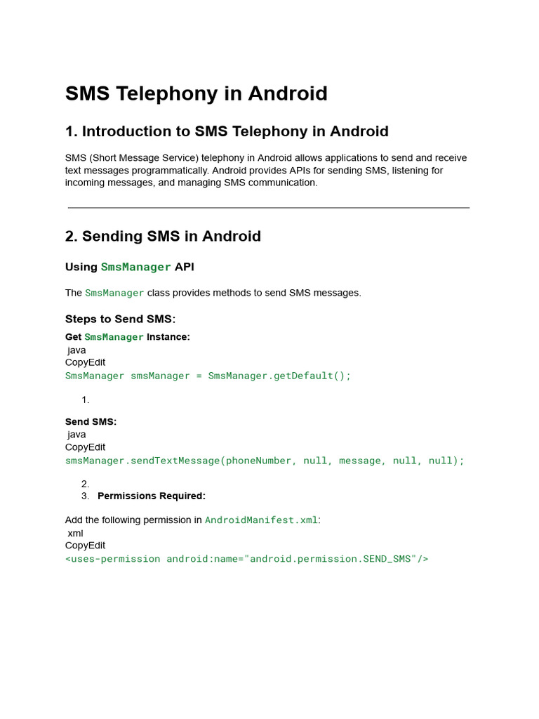 Android SMS Telephony Guide | PDF | Google Play | Android (Operating ...