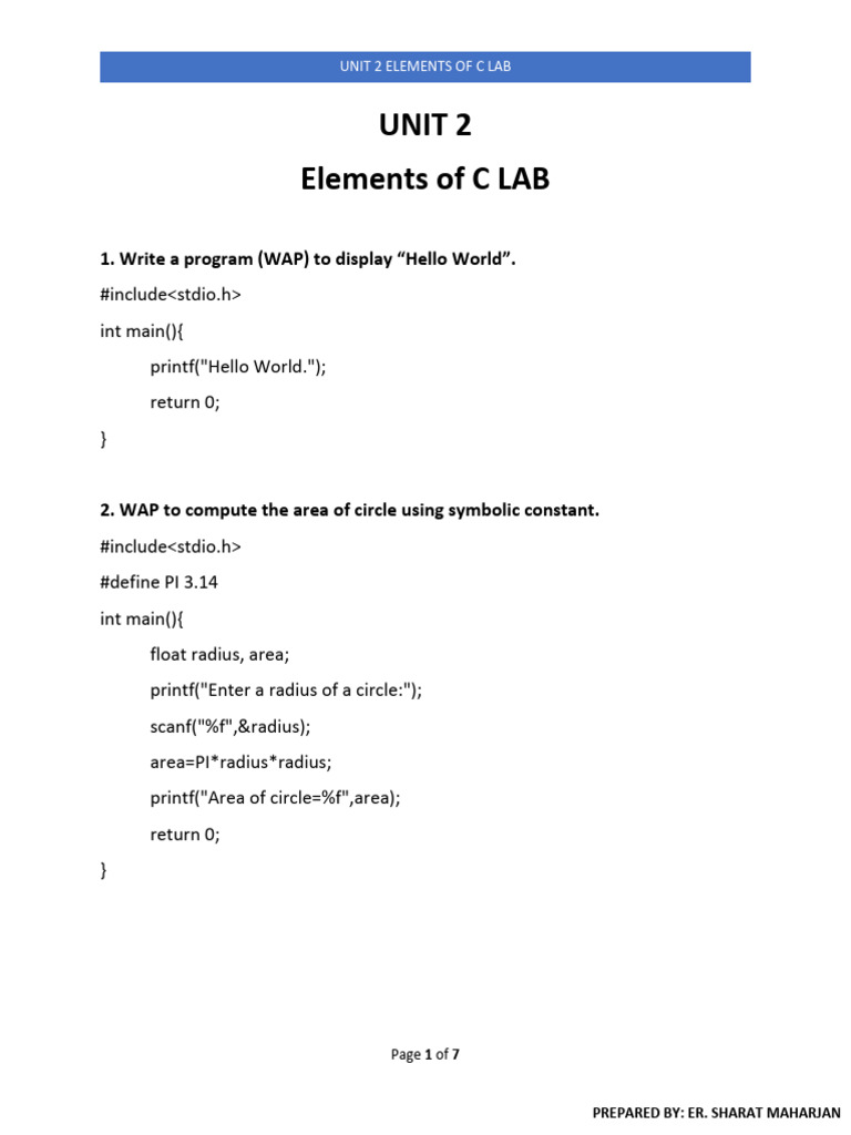 C Programming Lab Exercises Guide | PDF | Area | Fahrenheit