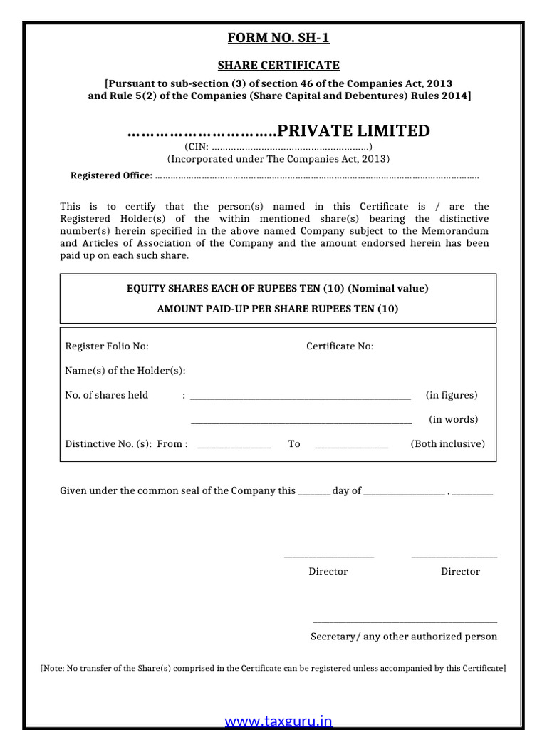 Share Certificate Format SH-1 | PDF | Private Law | Business Law
