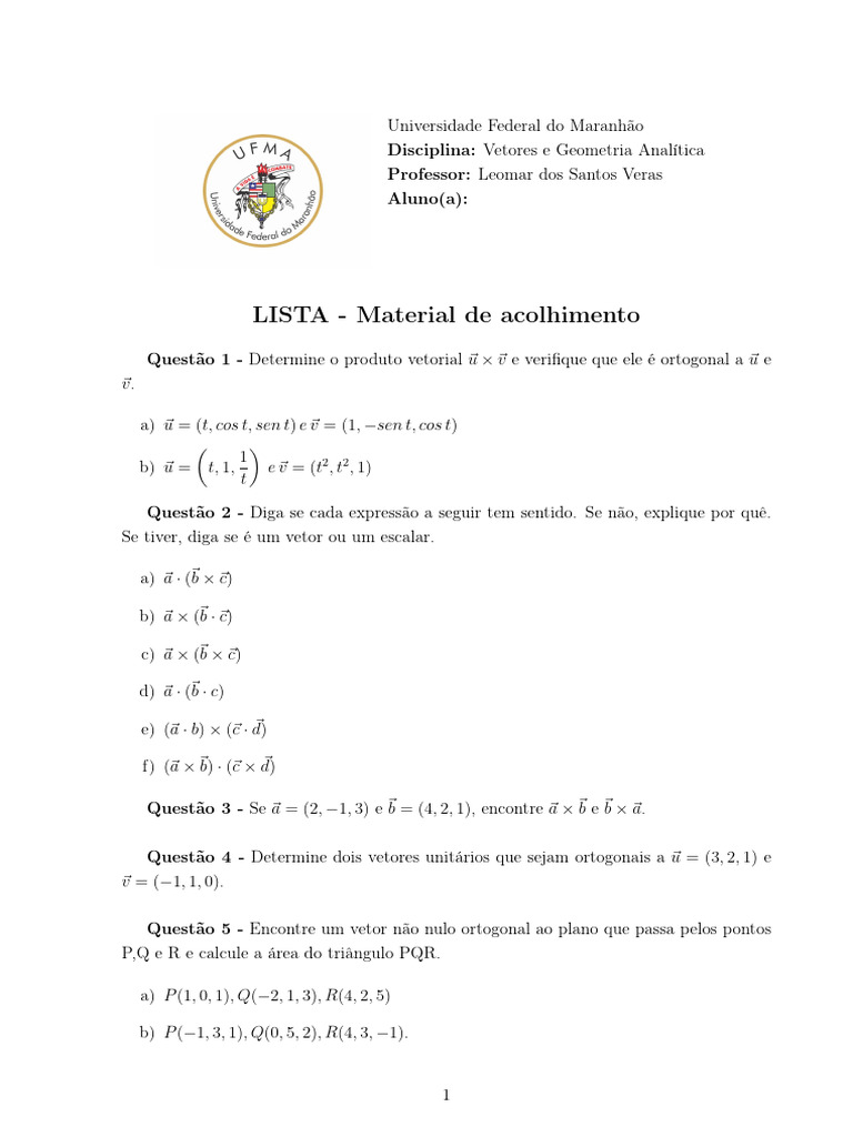 Exercícios de Vetores e Geometria Analítica | PDF | Vetor euclidiano ...