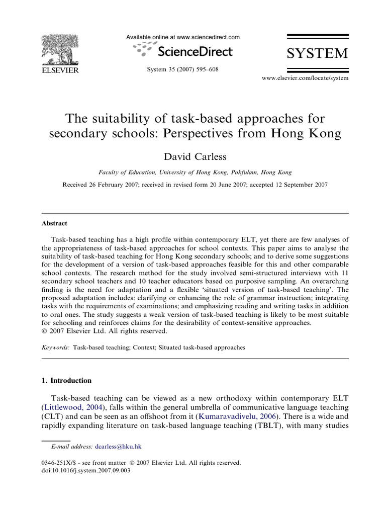 Task-Based Teaching in Hong Kong Schools | PDF | Teachers | English As ...