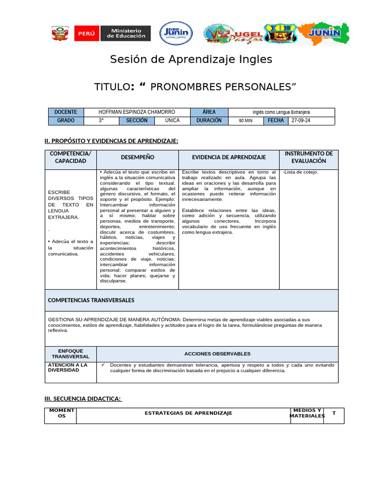 Pronombres Personales en Inglés 3° grado | PDF | Aprendizaje | Idioma ...