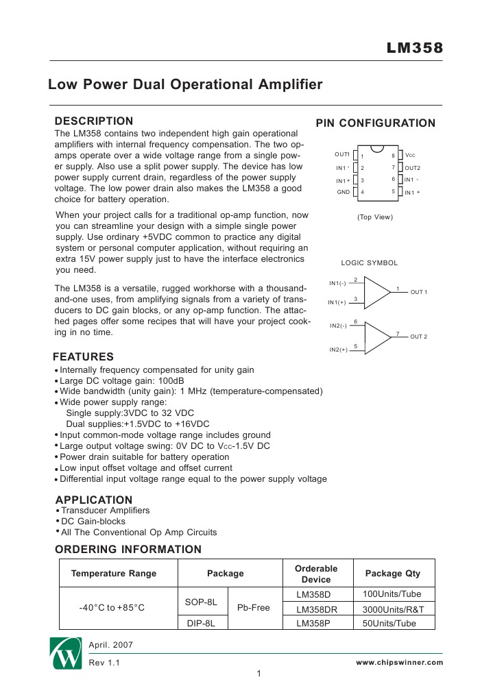 Low Power Dual Operational Amplifier: Description Pin Configuration ...