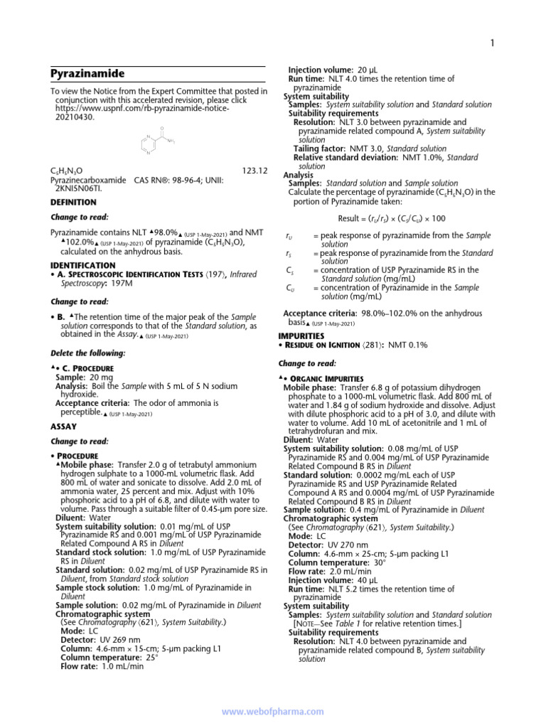 Pyrazinamide USP Specifications Update | PDF | Chromatography | Ammonia
