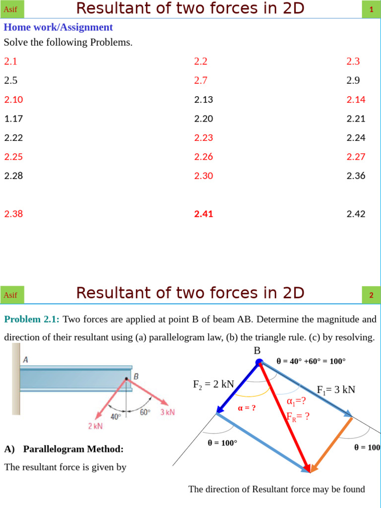 Resultant Forces in 2D: Methods & Problems | PDF | Force | Triangle