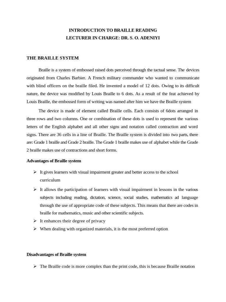 Introduction to Braille Reading Basics | PDF | Visual Impairment ...
