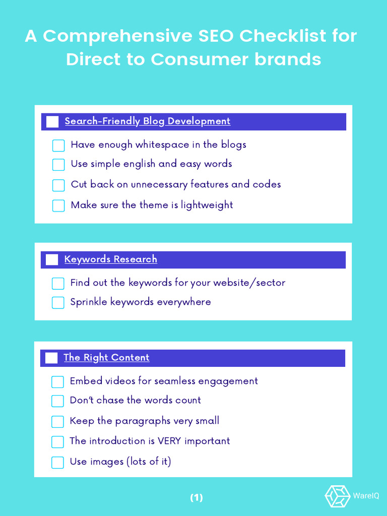 Comprehensive SEO Checklist For Direct To Consumer Brands - WareIQ | PDF