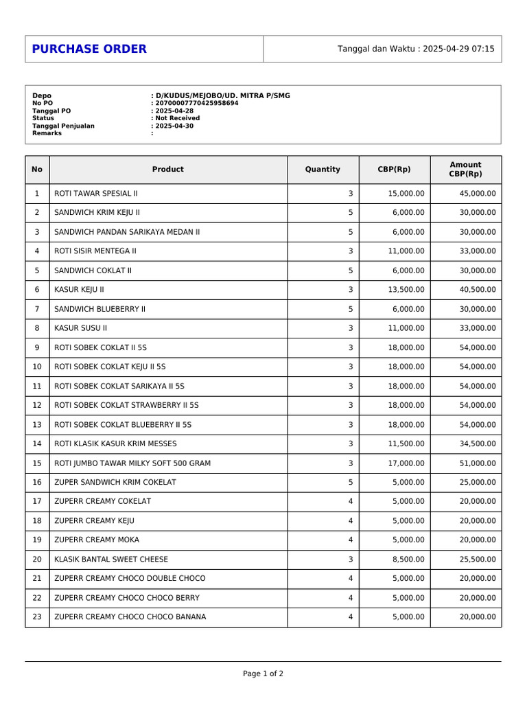 Purchase Order 20700007770425958694 | PDF | Edible Fruits