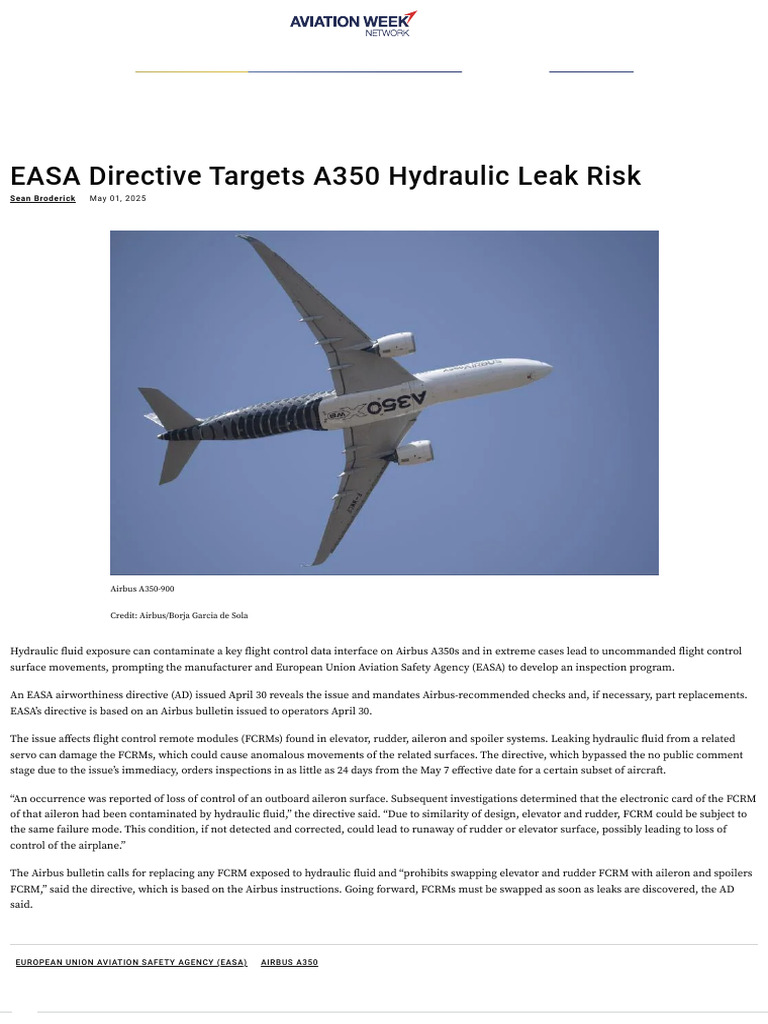 EASA Directive Targets A350 Hydraulic Leak Risk - Aviation Week Network ...
