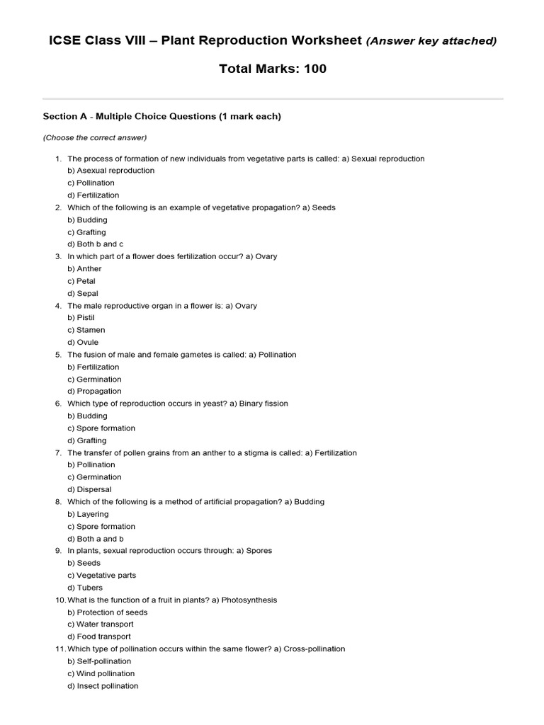 Plant Reproduction Worksheet Answers | PDF | Plant Reproduction | Flowers