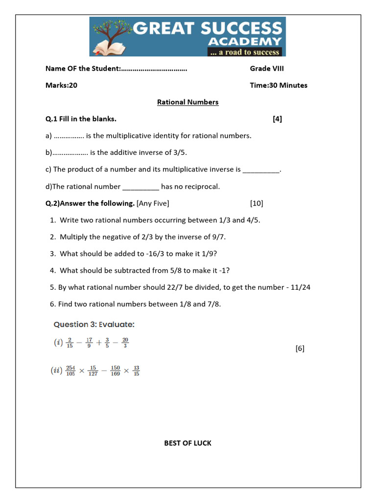 Rational Numbers Practice Questions | PDF