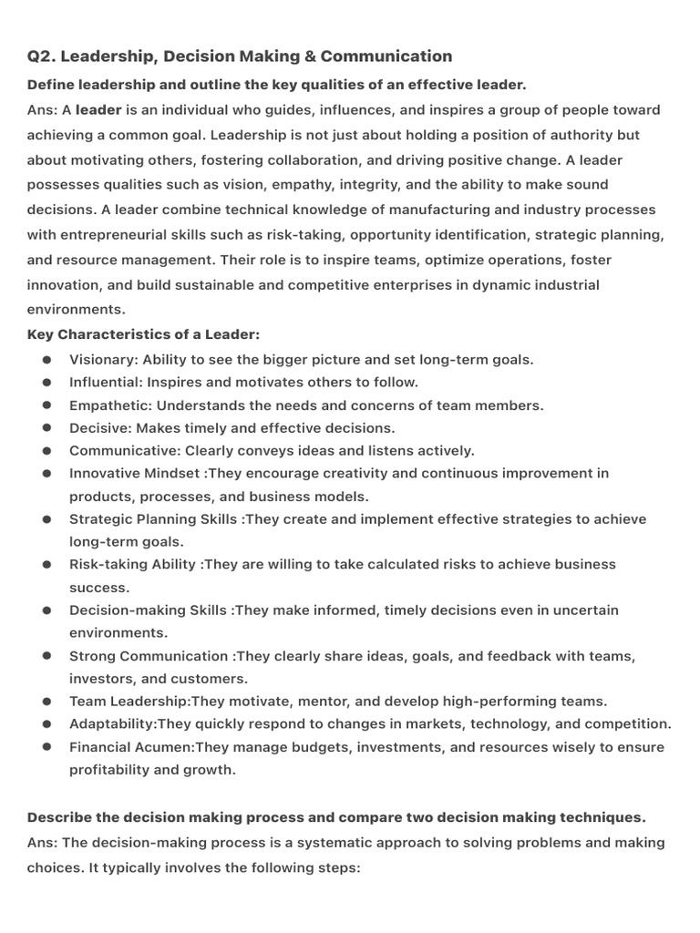 Q2. Leadership, Decision Making & Communication | PDF | Piece Work ...