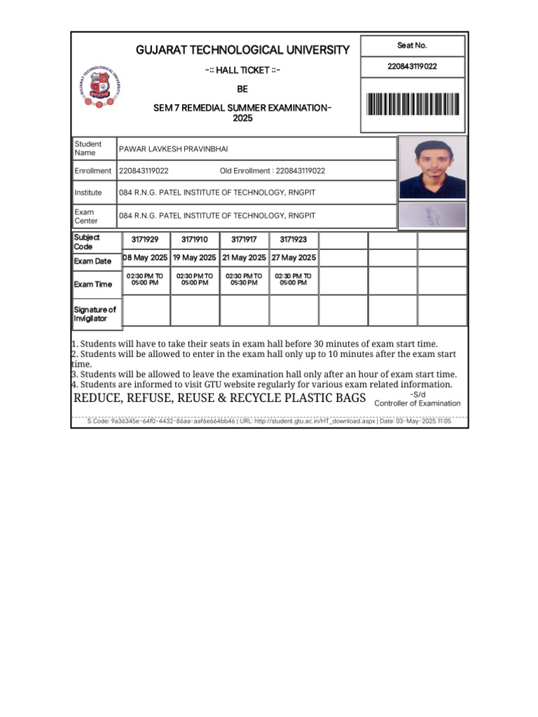 GTU BE Sem 7 Exam Hall Ticket 2025 | PDF