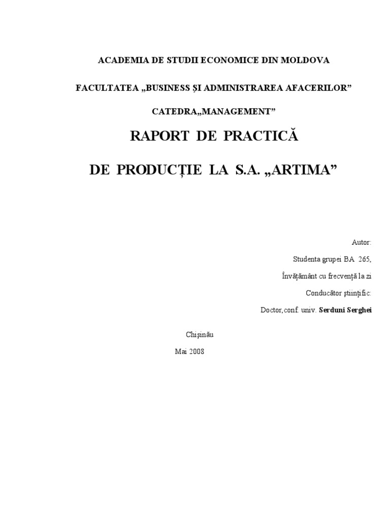 Raport De Practica De Productie La Sa Artima