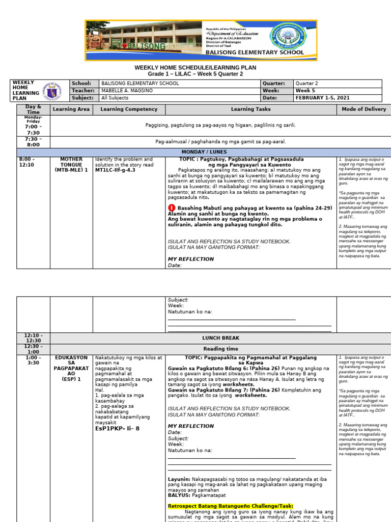 Q2 Week 5feb.1 5weekly Home Learning Schedule Plan For Pupil | PDF