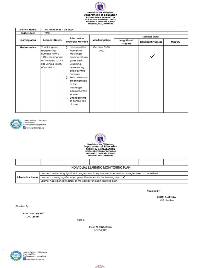 Balisong Elementary School Learning Plans | PDF | Learning | Behavior ...