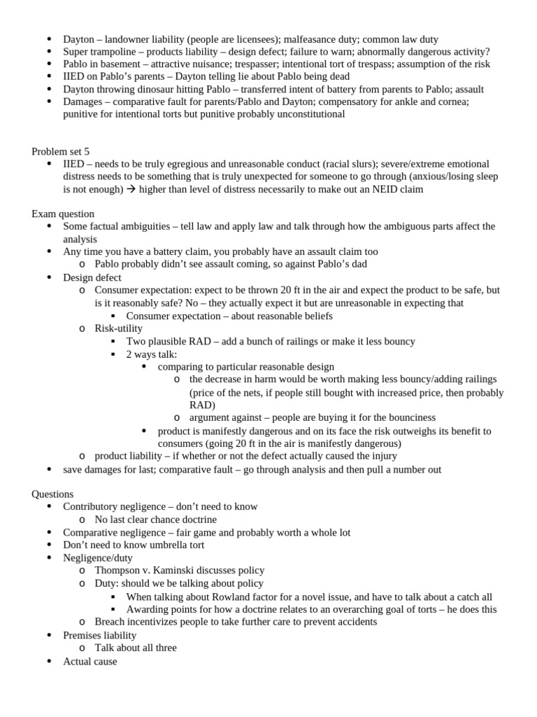 Torts Final Exam Overview and Analysis | PDF | Negligence | Legal Liability