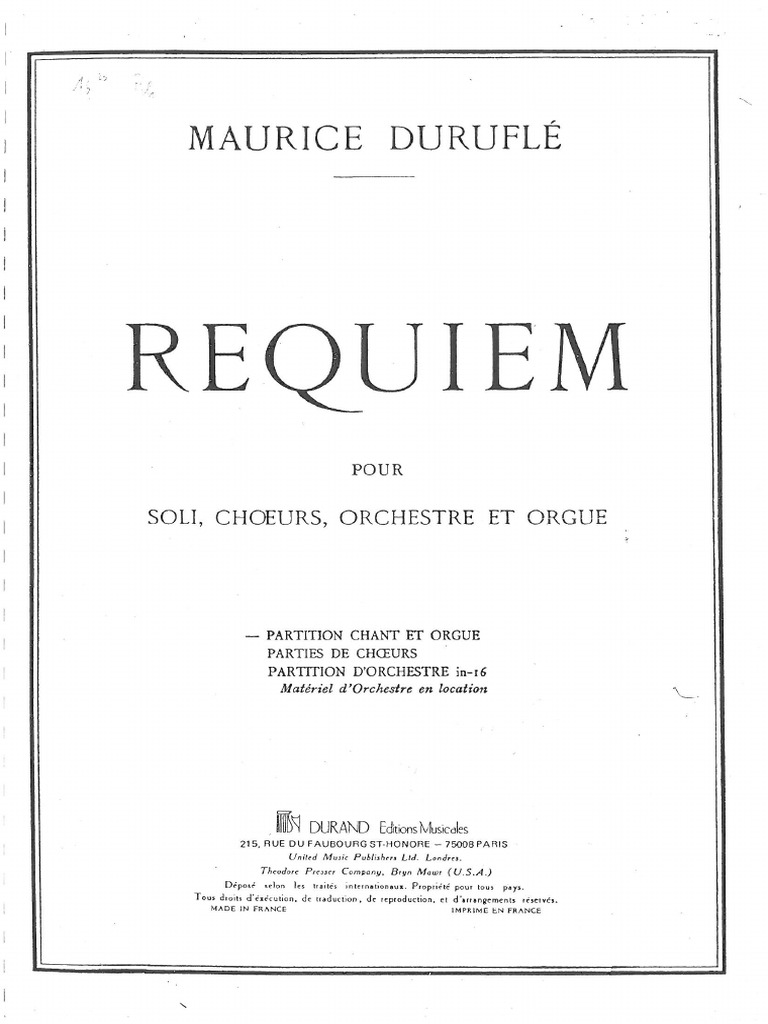 Spartiti Duruflé Maurice, Requiem, Voce e Organo Spartito PDF