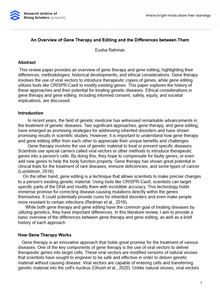 Gene Therapy vs. Gene Editing Explained | PDF | Gene Therapy | Viral Vector