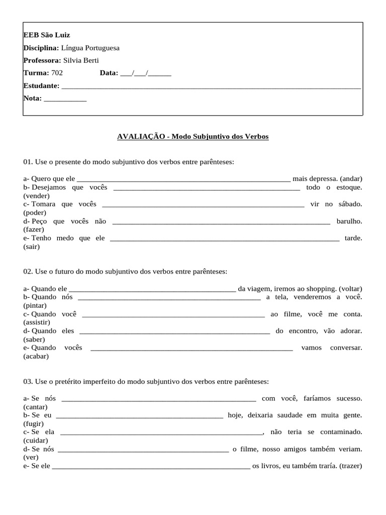 Exercícios de Modo Subjuntivo 6º Ano | PDF