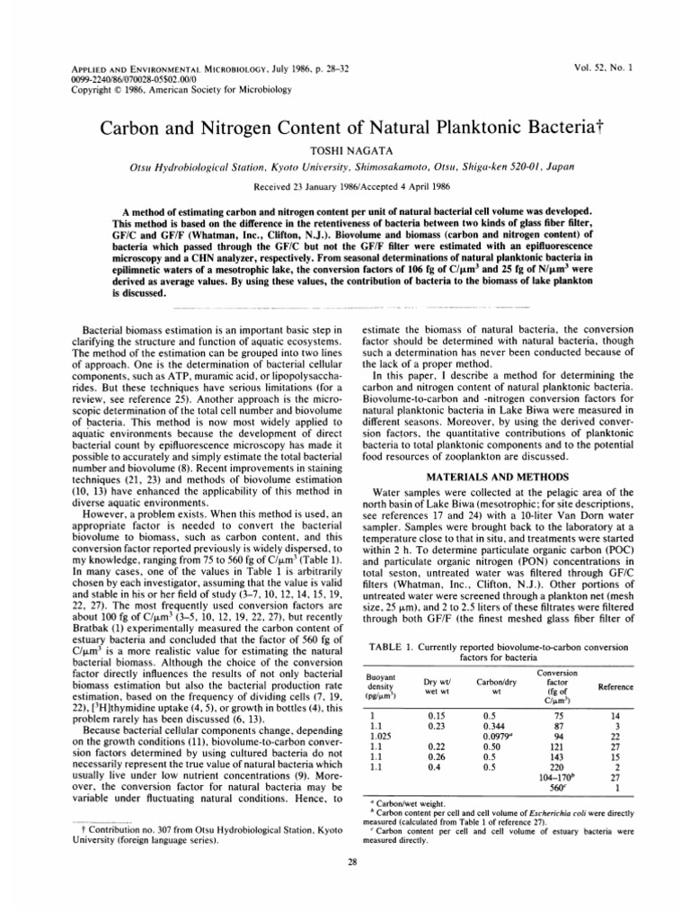Carbon and Nitrogen in Planktonic Bacteria | PDF | Bacteria | Filtration