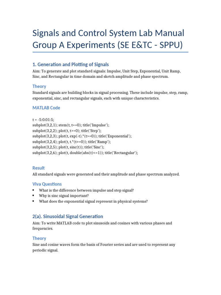 Signals and Control Lab Manual | PDF | Algorithms | Telecommunications ...