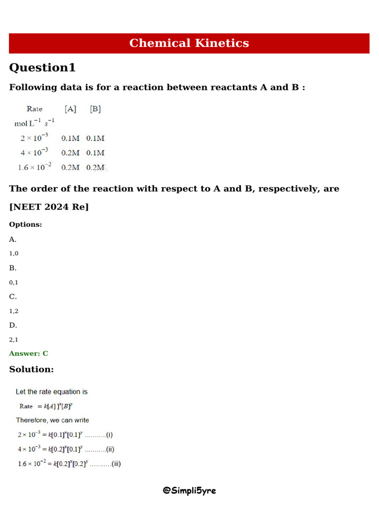 NEET 2024 Chemical Kinetics Questions | PDF | Reaction Rate ...