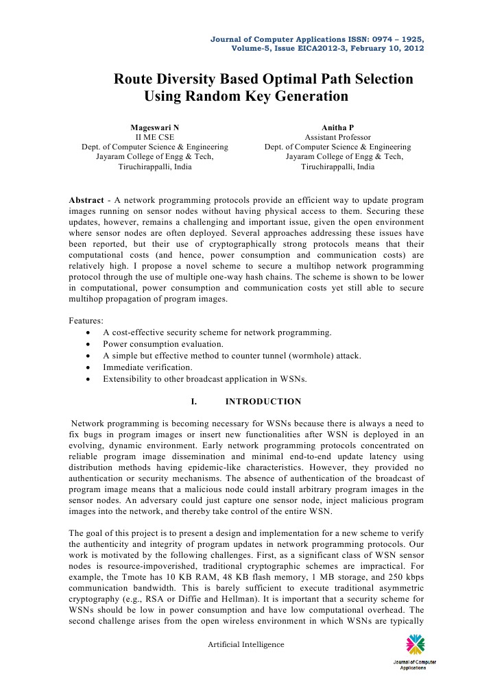 Route Diversity Based Optimal Path Selection Using Random Key ...