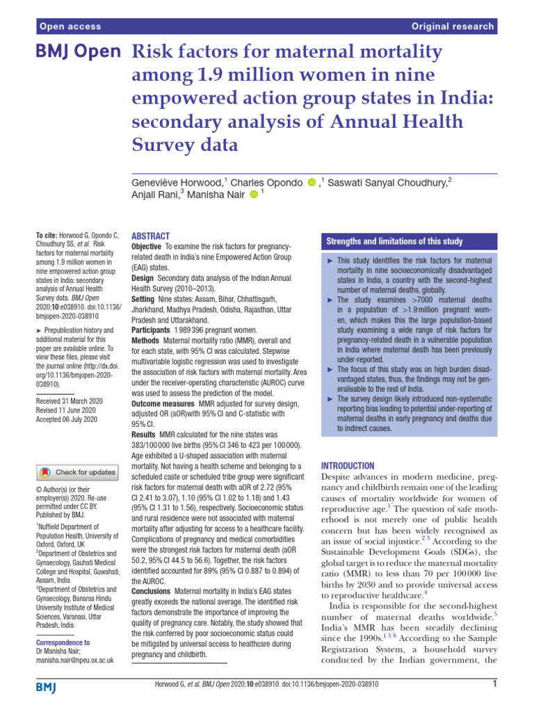 Maternal Mortality Risk Factors in India | PDF | Maternal Death ...