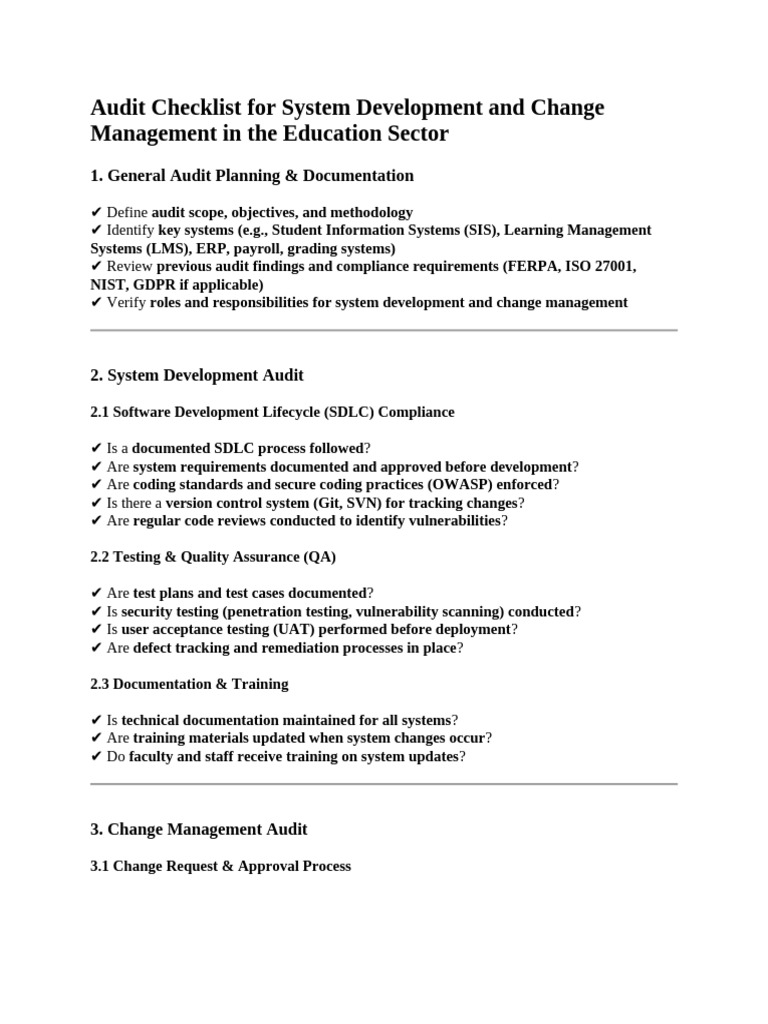 Audit Checklist For System Development and Change Management in The ...
