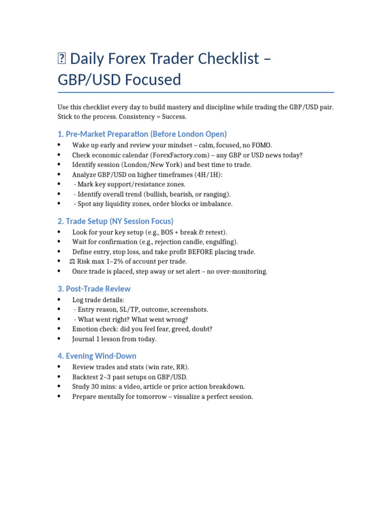 GBPUSD Daily Trading Checklist Denis Kipkoech | PDF