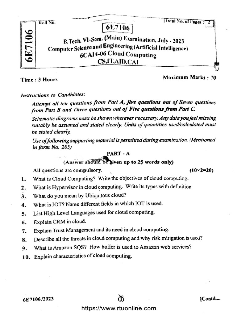 Btech Cai Cs It Aid 6 Sem Cloud Computing 6e7106 Jul 2023 | PDF