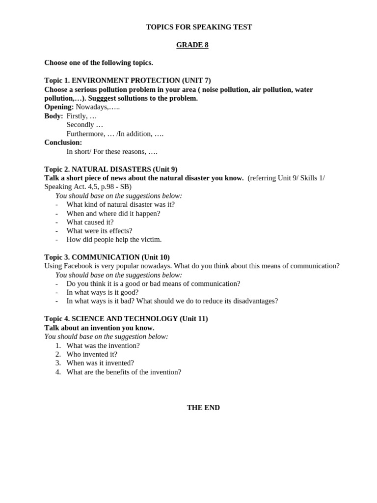 Grade 8 Speaking Test Topics Guide | PDF