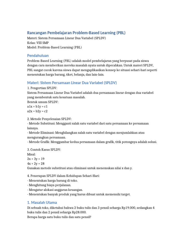 RPP PBL SPLDV Kelas VIII SMP | PDF
