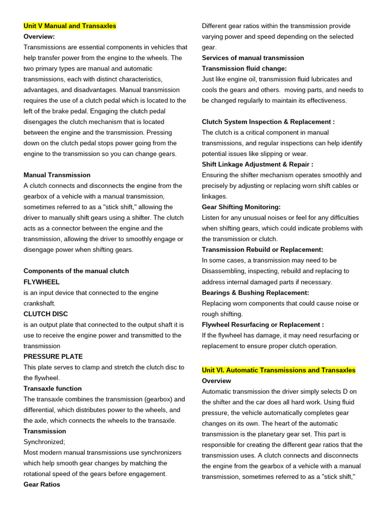 UNIT5 6 - Automotive FINALS (Reviewer) | PDF | Manual Transmission ...