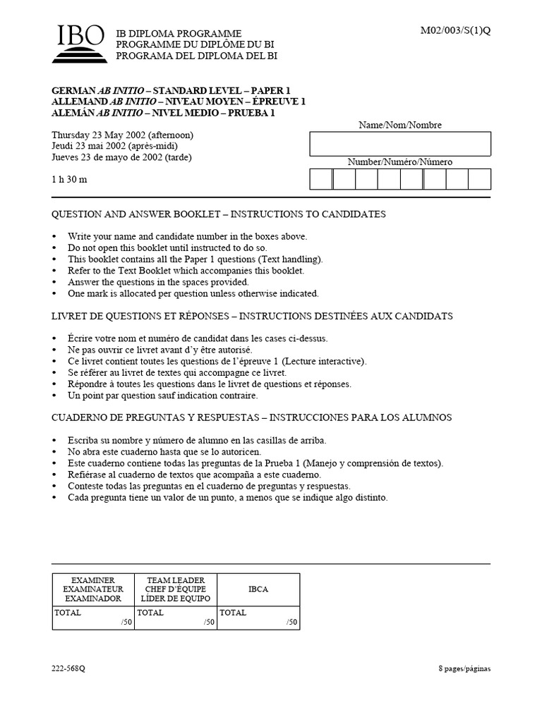 German Ab Initio Paper 1 Question Booklet SL 2002 | PDF