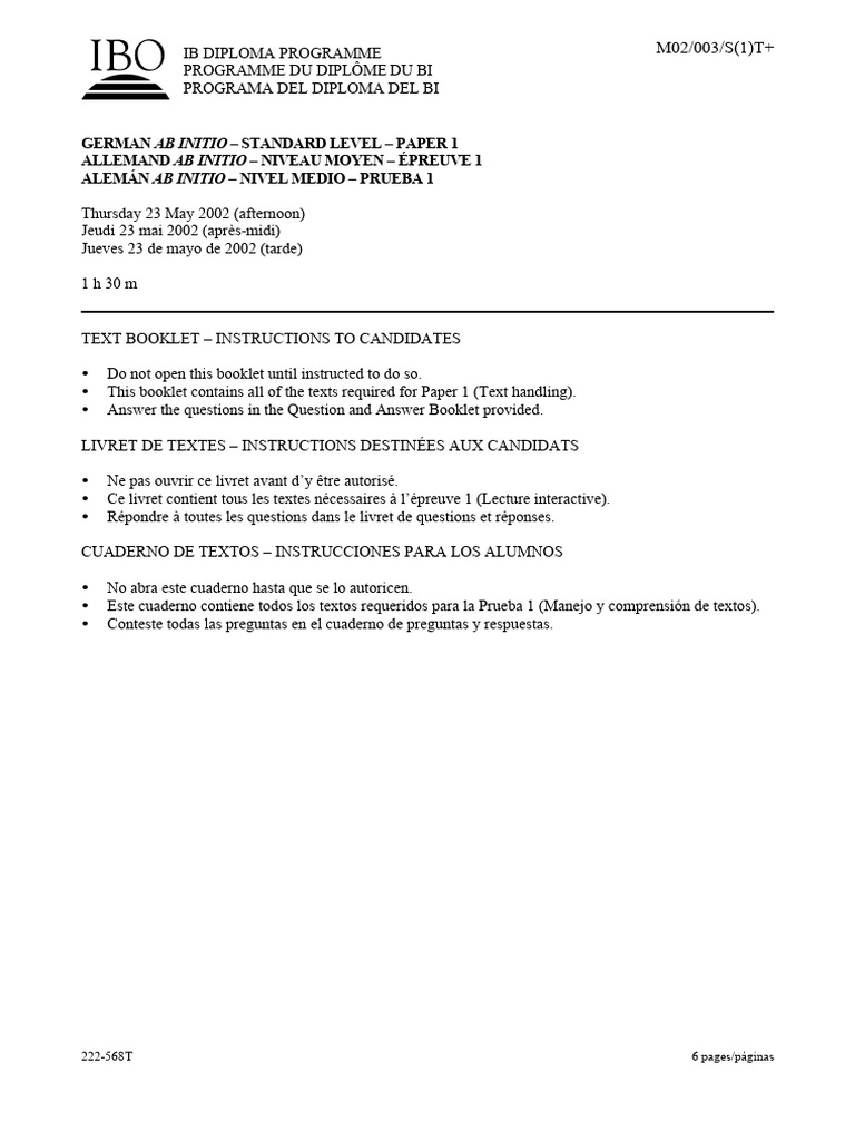 German Ab Initio Paper 1 Booklet 2002 | PDF